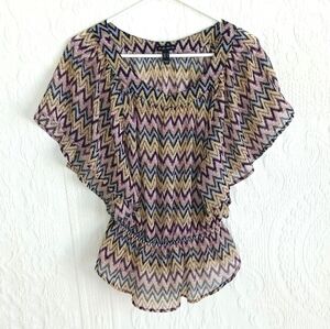 FANG Chevron Sheer Dolman Blouse Flowy Purple Yellow Flutter Sleeve Colorful MED